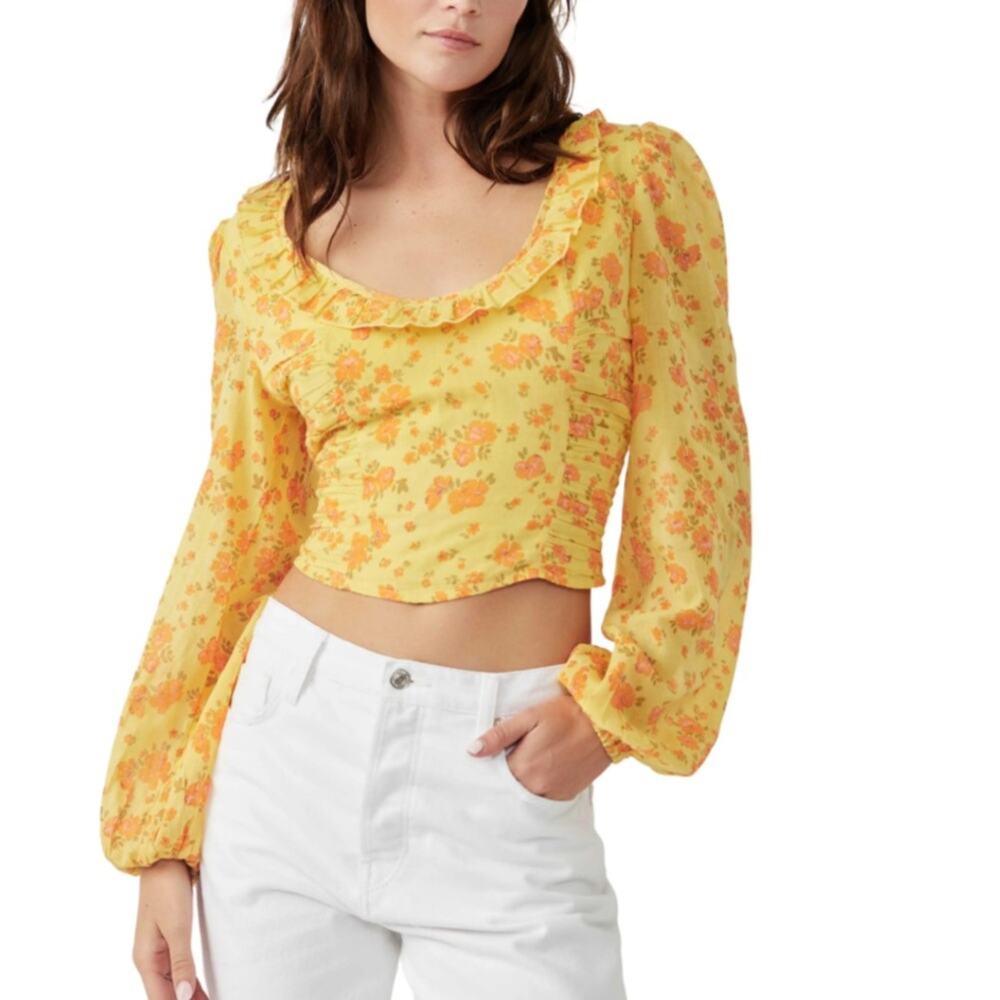 Free People Womens M Another Life Print Crop Top in Honey Combo NEW